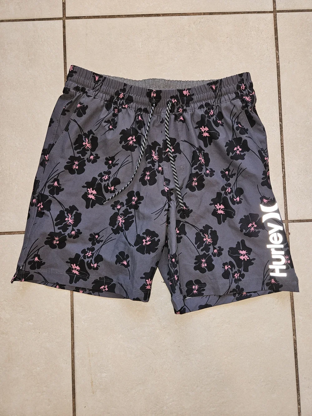 Hurley Men's Gray Swim Hybrids with Black Floral and Pink Accents